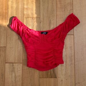 Just Polly Red Ruched Off-Shoulder Cropped Top Size S
